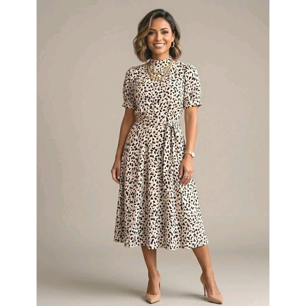 Ann Taylor Dress 2 Petite Animal Print Mock Neck Midi Puff Sleeve Belted Classic